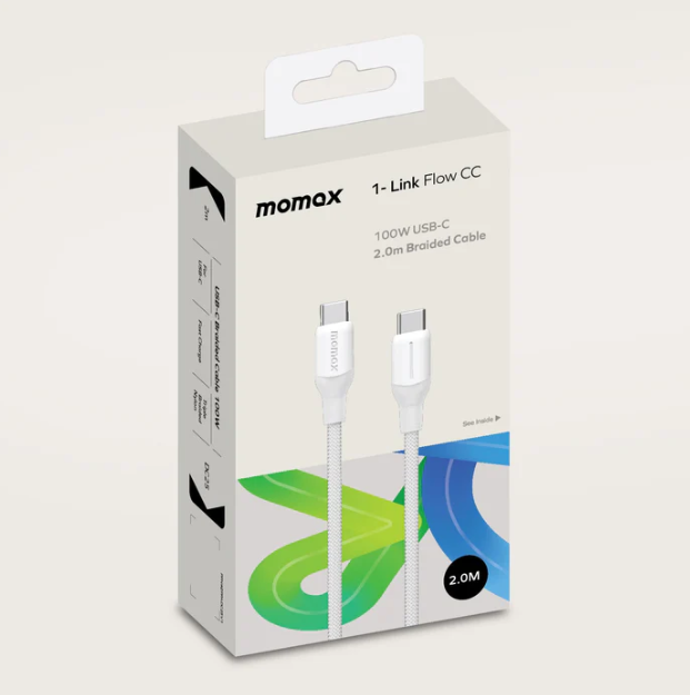Momax 1-Link Flow CC 100W USB-C Braided Cable 2m | White Momax 1-Link Flow CC 100W USB-C Braided Cable 2m | White